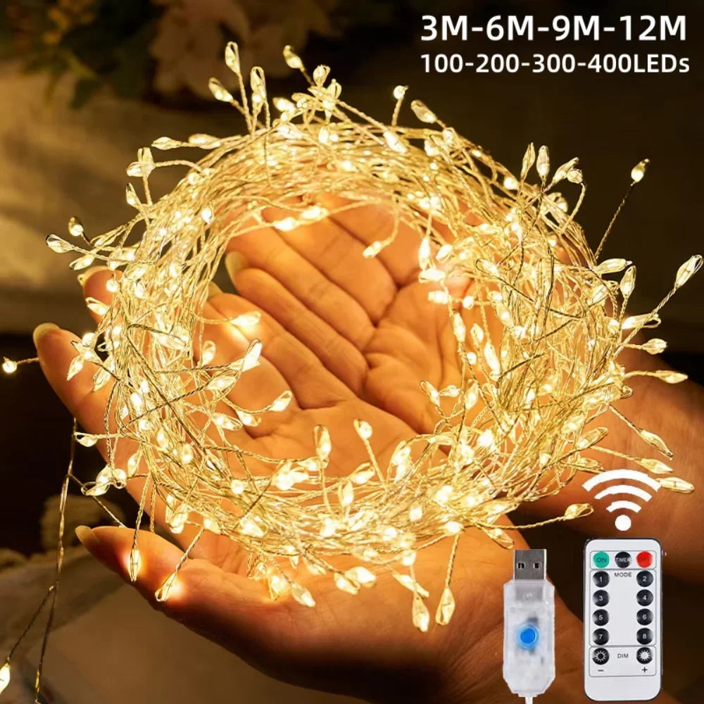 Guirlande Lumineuse LED USB Pétard avec Télécommande 8 Modes pour Fête de Mariage Jardin Chambre Noël 3/6/9/12 M